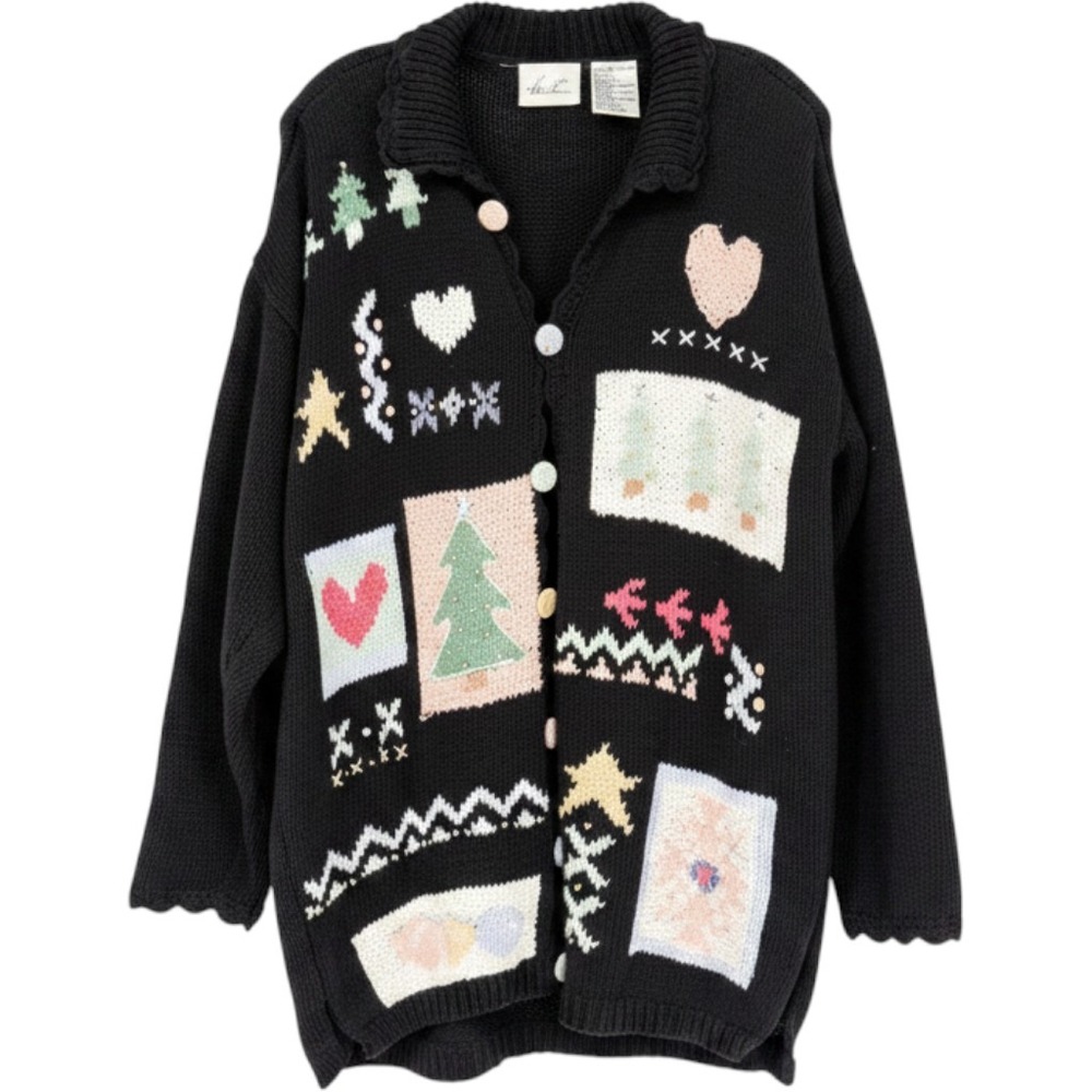 Vintage‎ Kathie Lee Pastel Christmas Cardigan Black Embroidered Beaded XL